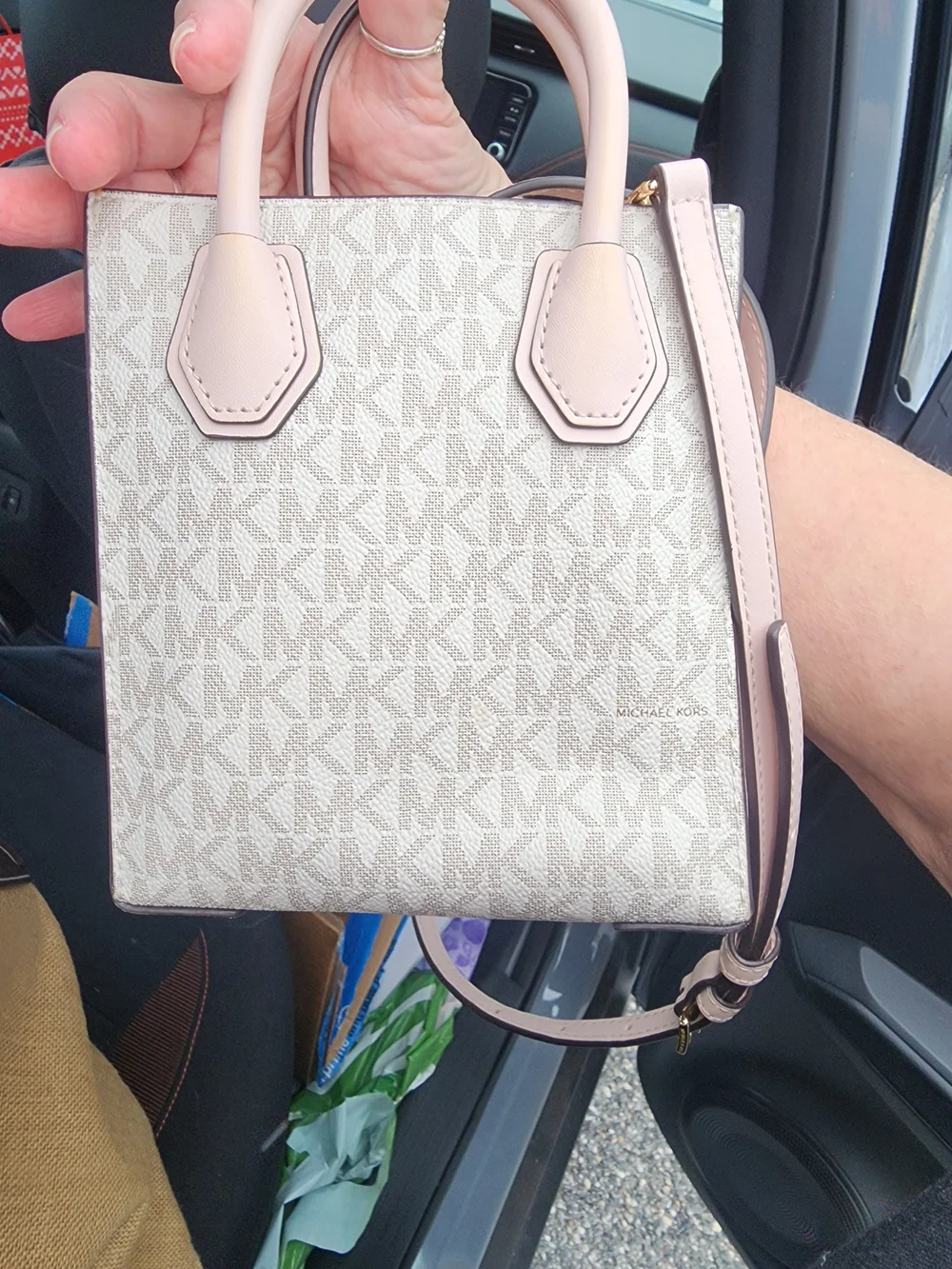 Michael Kors Cream Signature Mini Satchel with Pink Trim and Gold Hardware